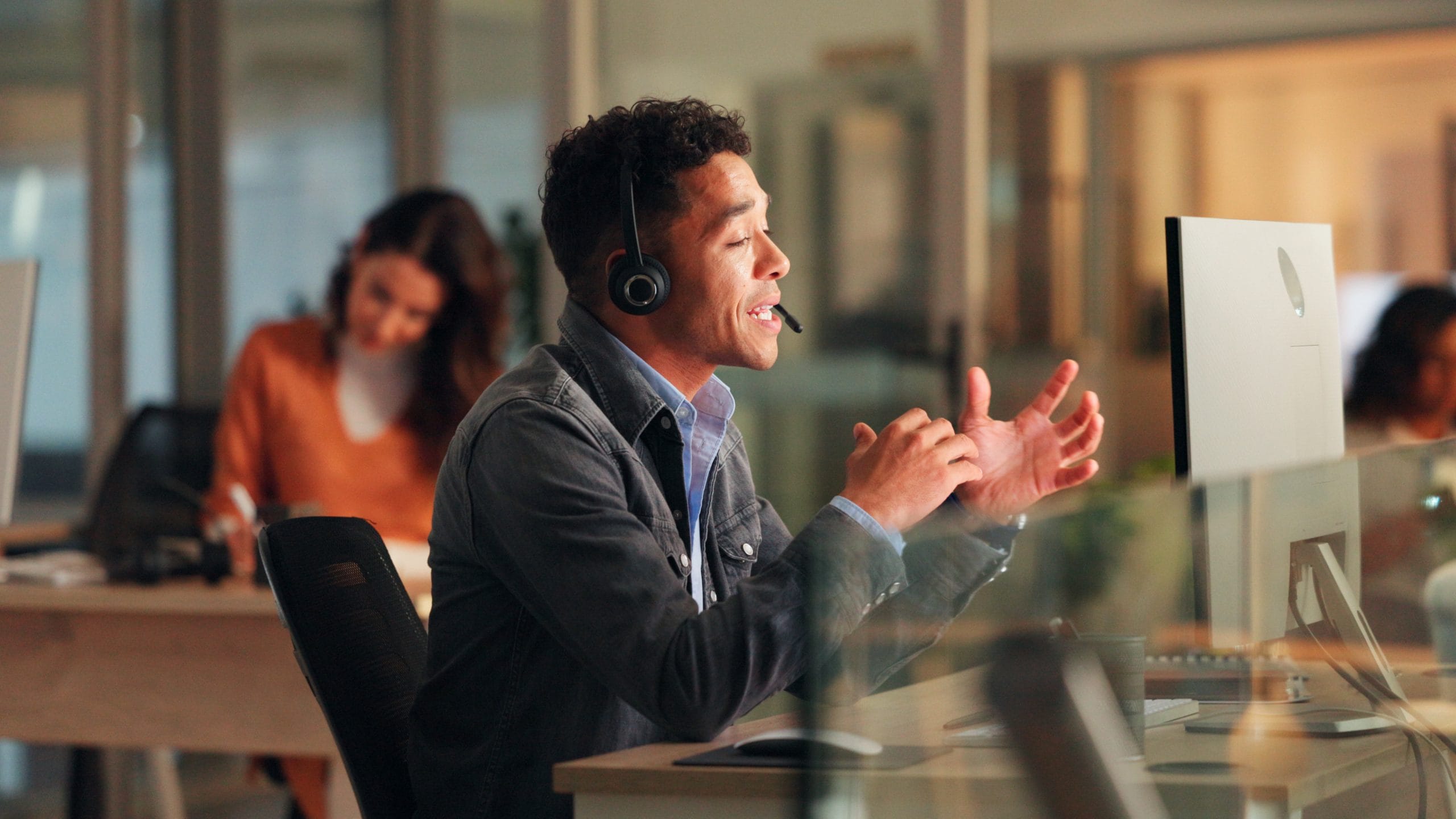 Man, explain and headset with computer in call centre for customer service, online query and billing. Agent, pc and consultation for payment solution, client information and script for refund request